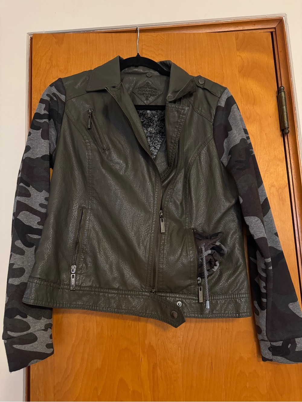 Olive Green Faux Leather Jacket with Camouflage Sleeves